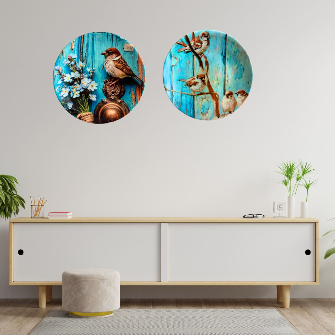 Sparrow Love Wall Plates Set of 2 with Stand – Handmade Ceramic Decorative Plates