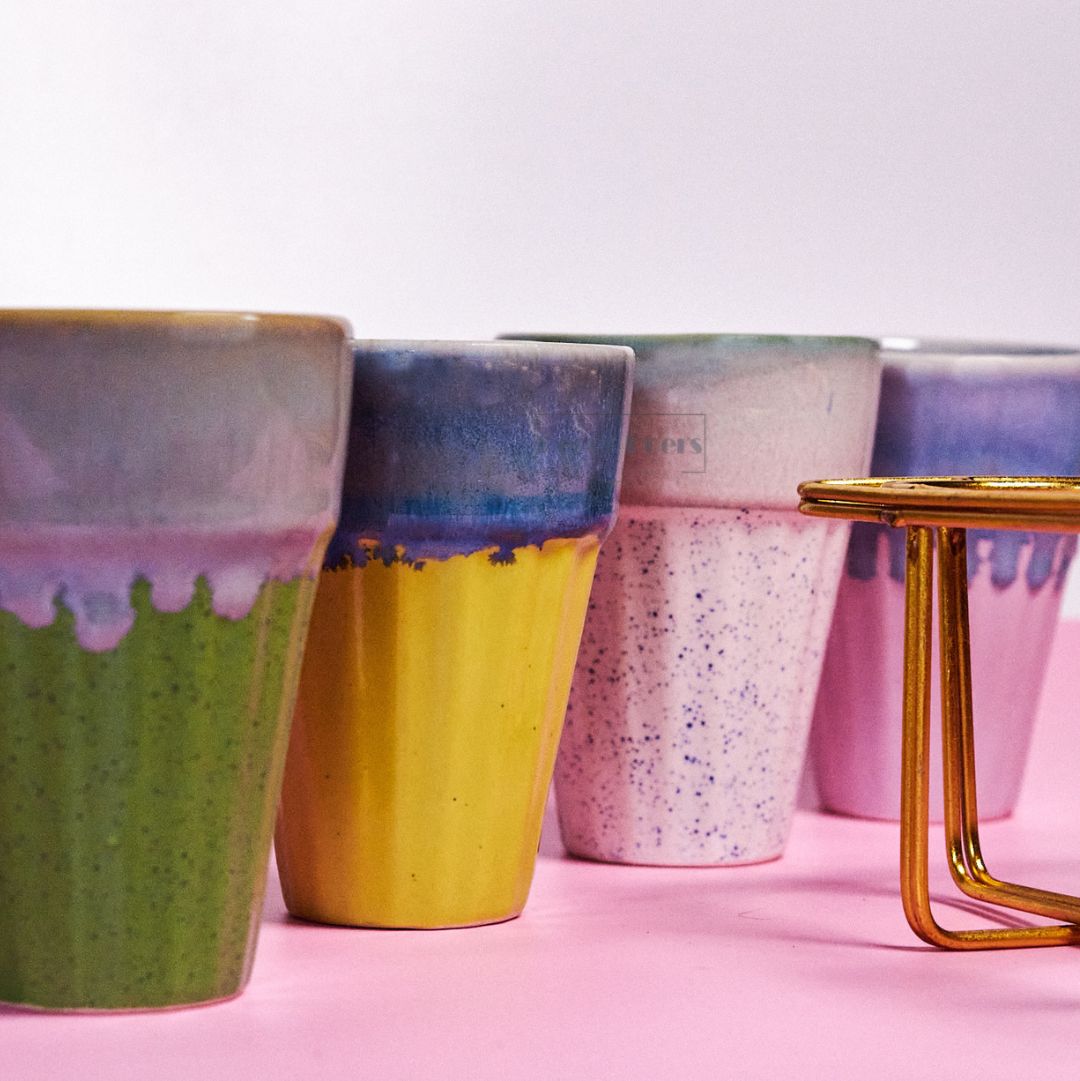 Bombay Cutting Chai Glass & Kulhad Style Ceramic Cup - Set of 4 with Golden Stand