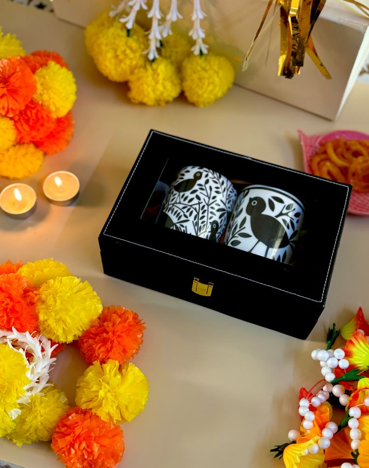 Chidiya Black Coffee Mug Set of 2 – Stylish Handprinted Bird Design