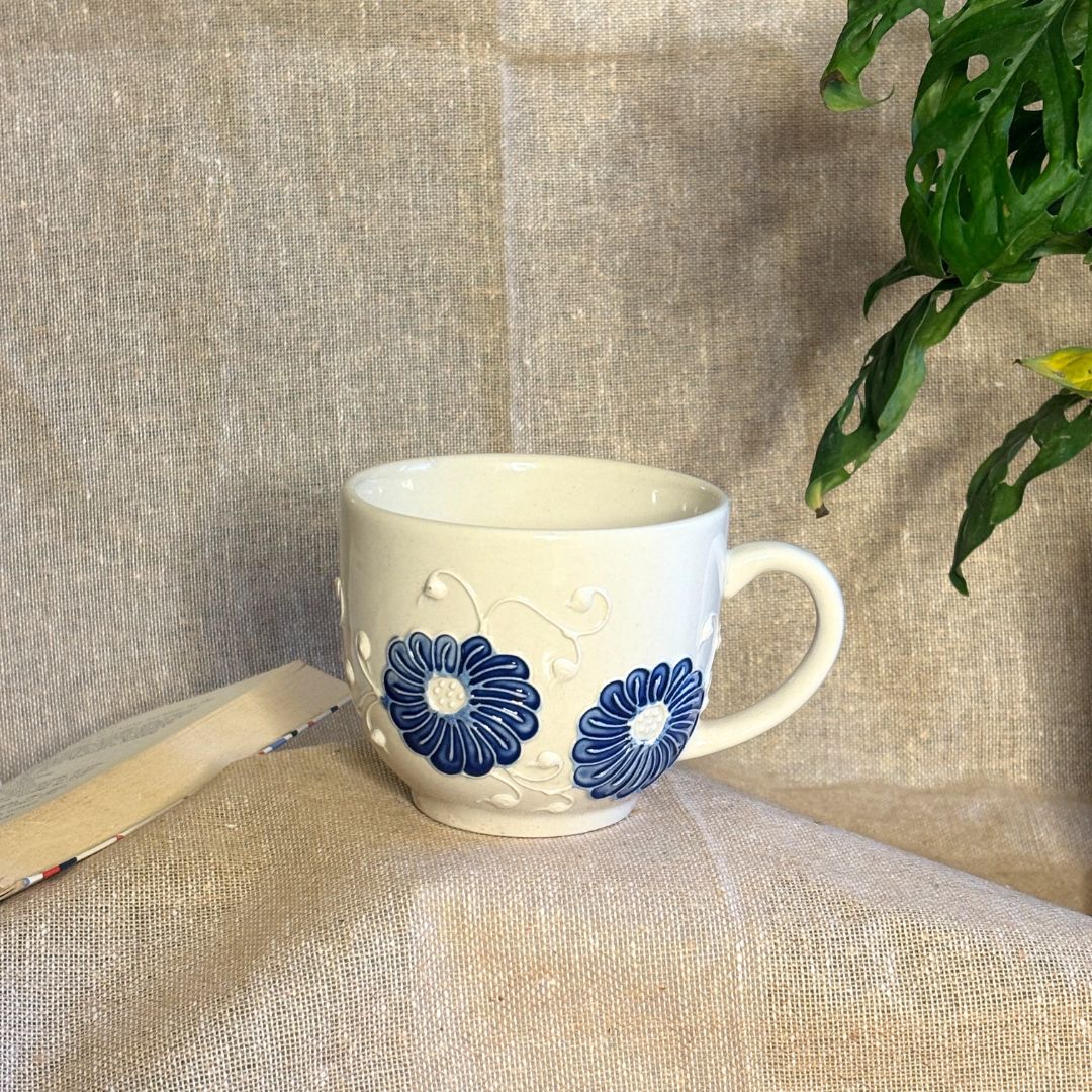 Sara White Cone Handprinted Mug Set of 2 | Ceramic Coffee Mug Set