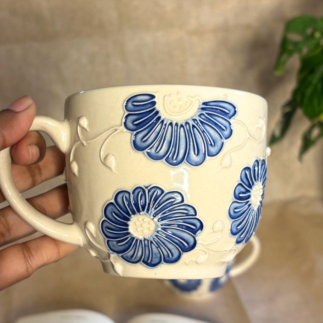 Sara White Cone Handprinted Mug Set of 2 | Ceramic Coffee Mug Set
