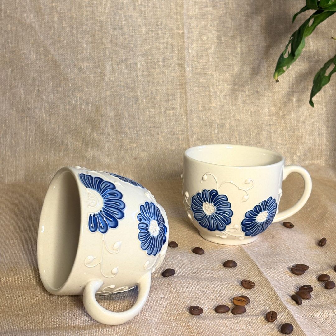 Sara White Cone Handprinted Mug Set of 2 | Ceramic Coffee Mug Set