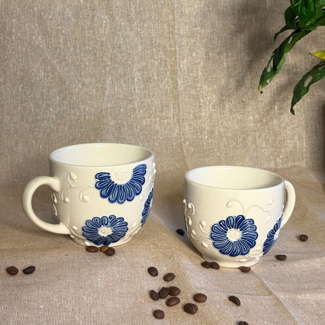 Sara White Cone Handprinted Mug Set of 2 | Ceramic Coffee Mug Set