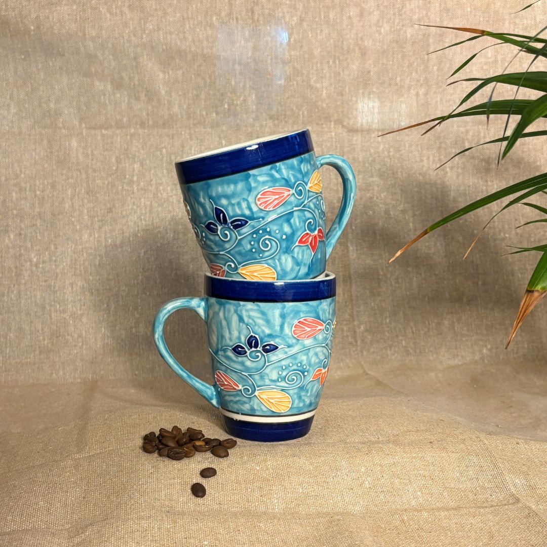 Sandra Blue Cone Handpainted Mug Set of 2 | Ceramic Coffee Mug Set