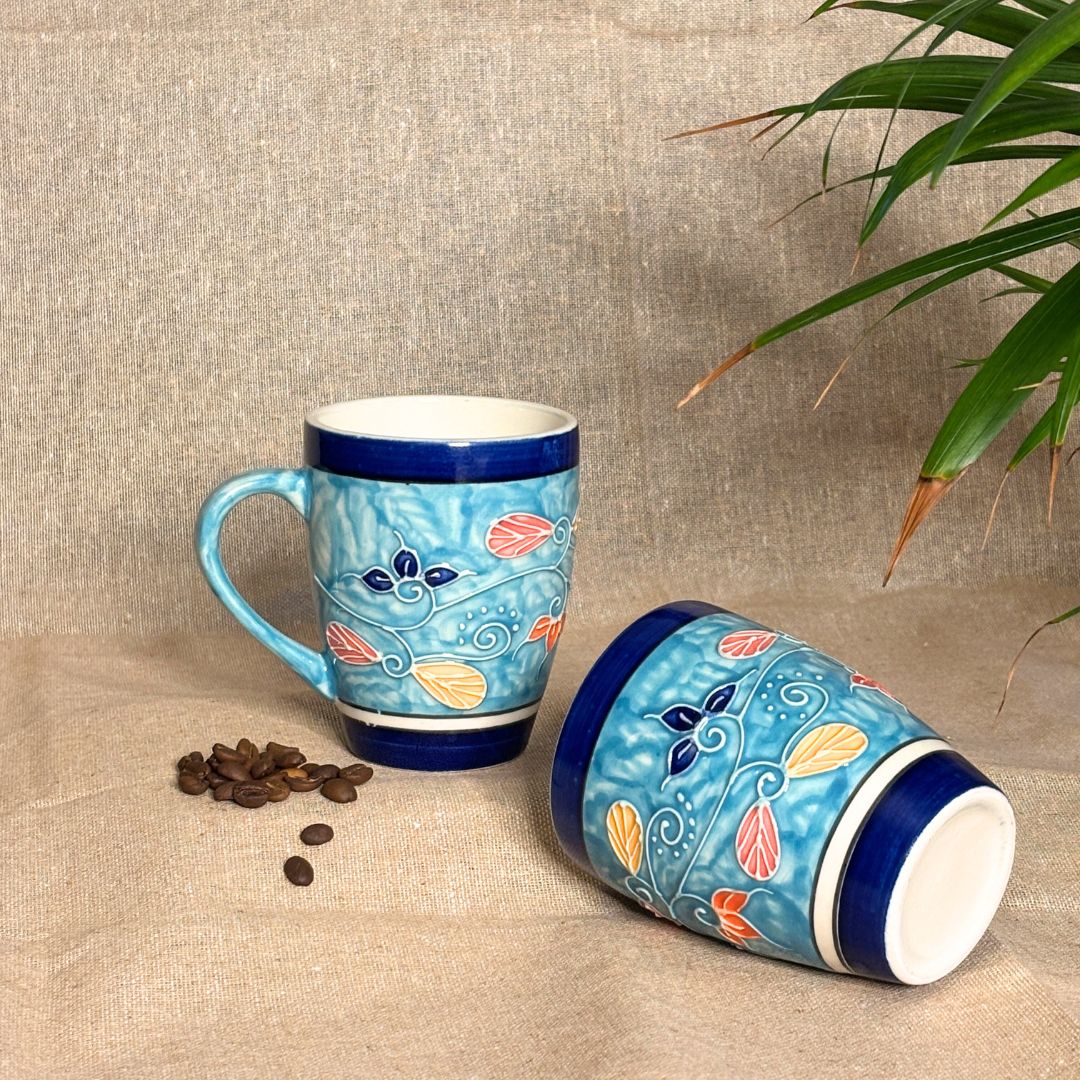 Sandra Blue Cone Handpainted Mug Set of 2 | Ceramic Coffee Mug Set