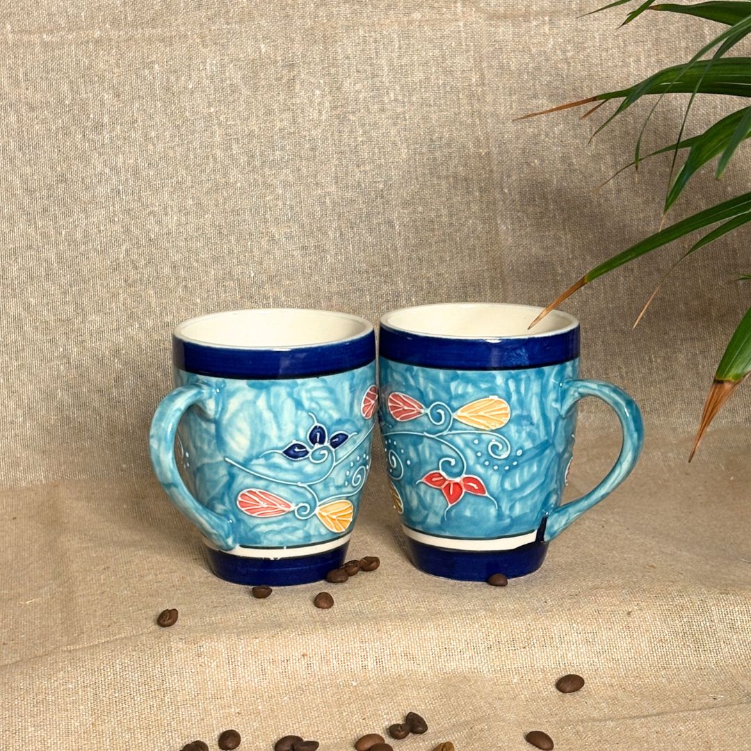 Sandra Blue Cone Handpainted Mug Set of 2 | Ceramic Coffee Mug Set