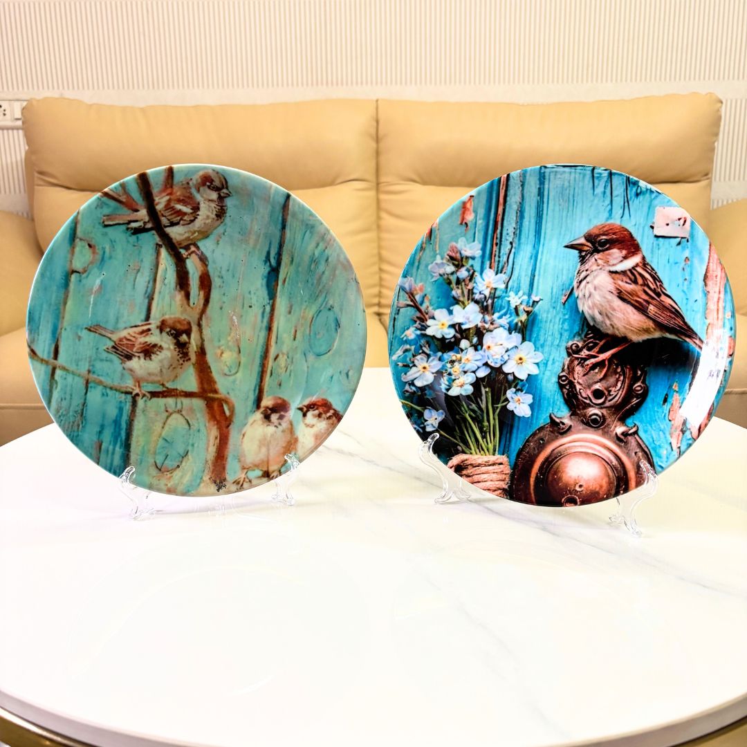 Sparrow Love Wall Plates Set of 2 with Stand – Handmade Ceramic Decorative Plates