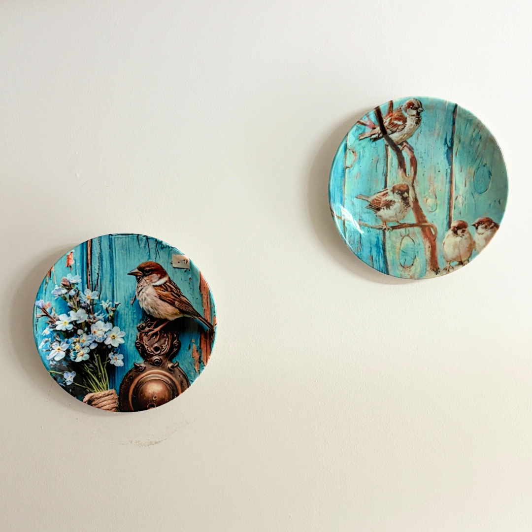 Sparrow Love Wall Plates Set of 2 with Stand – Handmade Ceramic Decorative Plates