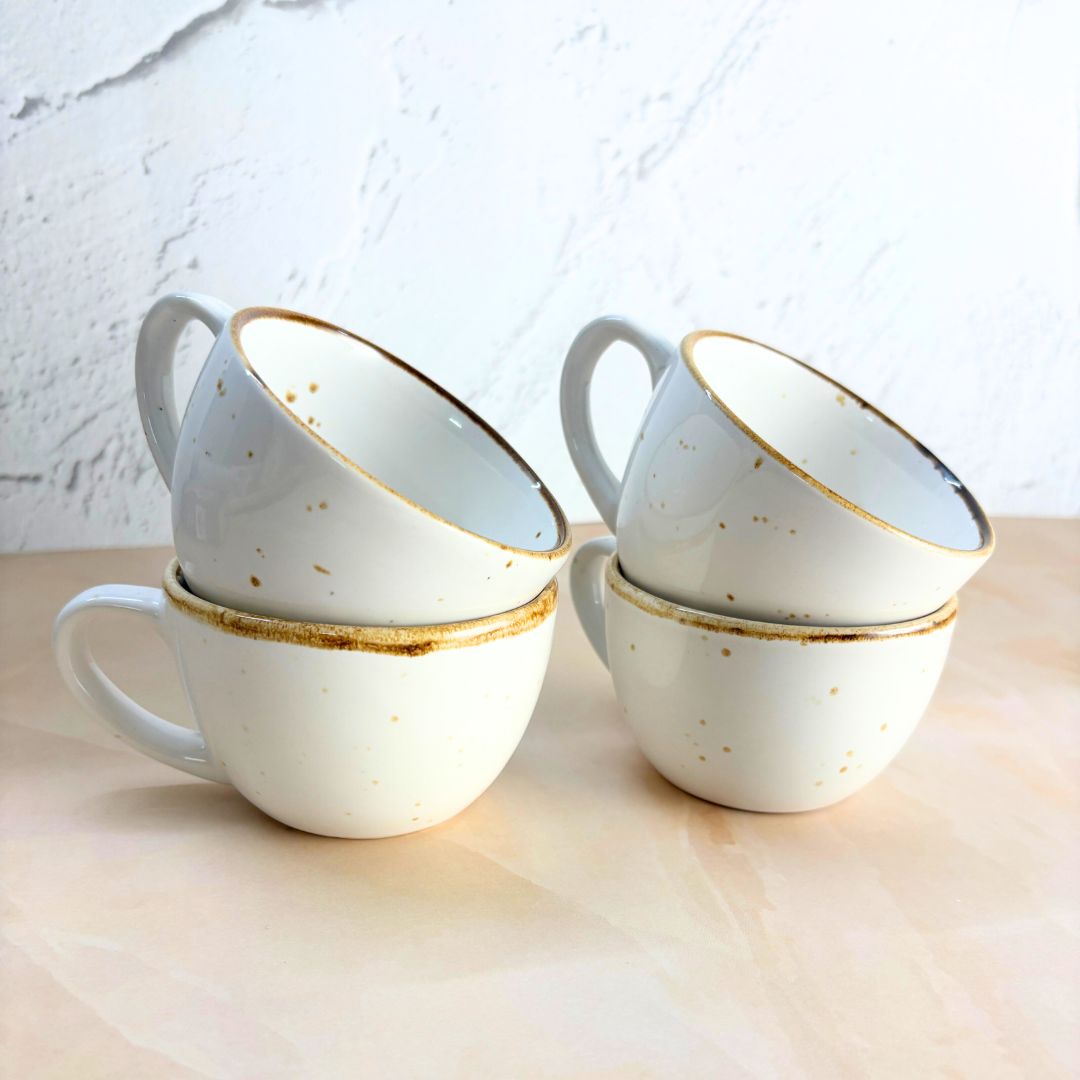 Cera White Tea Cup Set of 4 – Handcrafted Ceramic Cups with Golden Rim