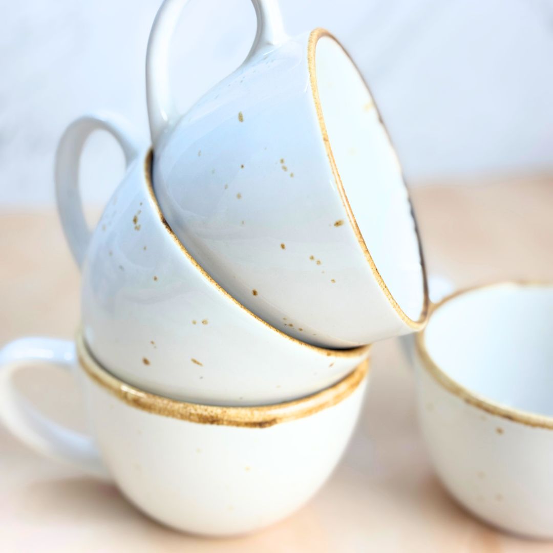Cera White Tea Cup Set of 4 – Handcrafted Ceramic Cups with Golden Rim