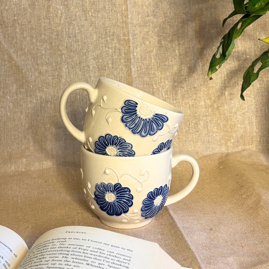 Sara White Cone Handprinted Mug Set of 2 | Ceramic Coffee Mug Set
