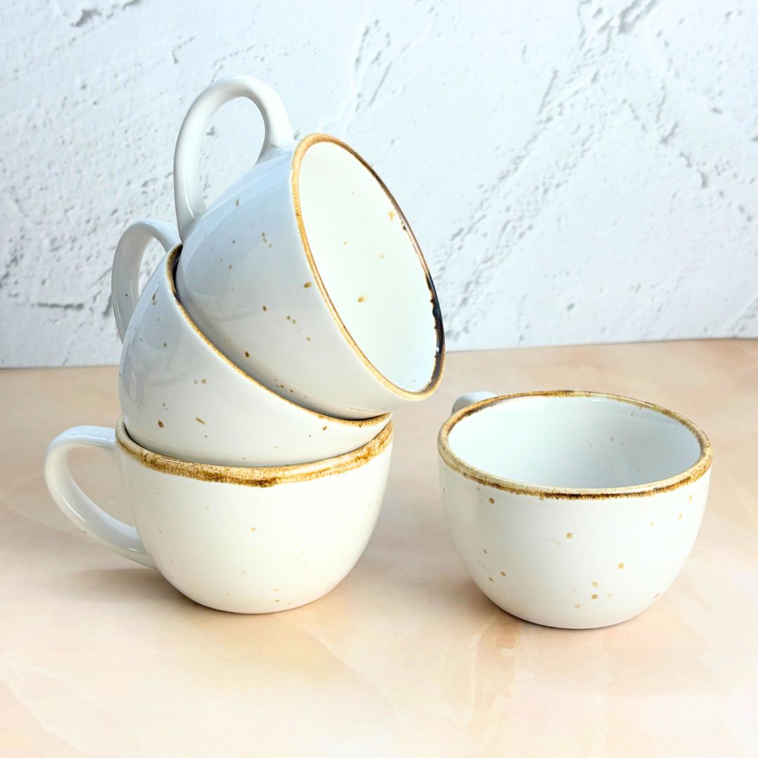 Cera White Tea Cup Set of 4 – Handcrafted Ceramic Cups with Golden Rim