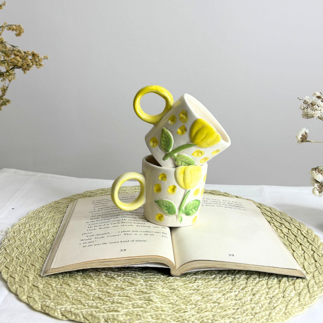 Yellow Flower Mug – Elegant Floral Ceramic Coffee Mug Set of 2