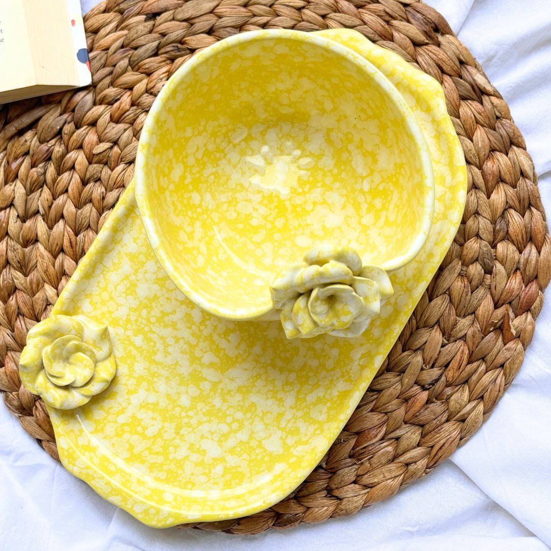 Soothing Hue Yellow Flower Platter with Bowl