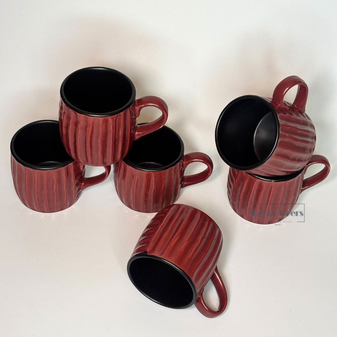 Premium Luxe Ribbed Brown Ceramic Tea Cups – Set of 6 for Tea & Coffee Lovers