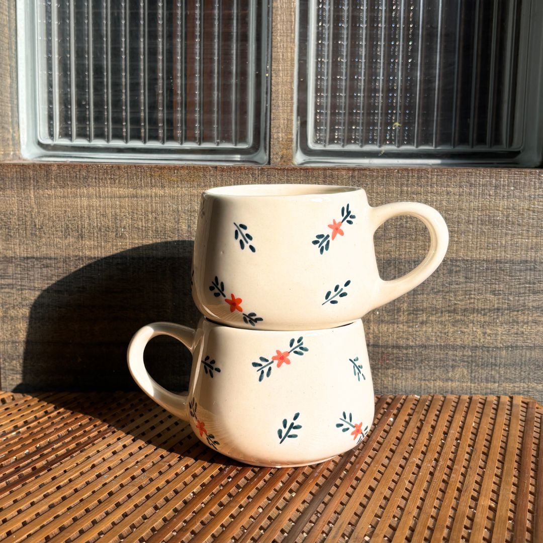 Motif Coffee Mug - Ceramic White Set of 2
