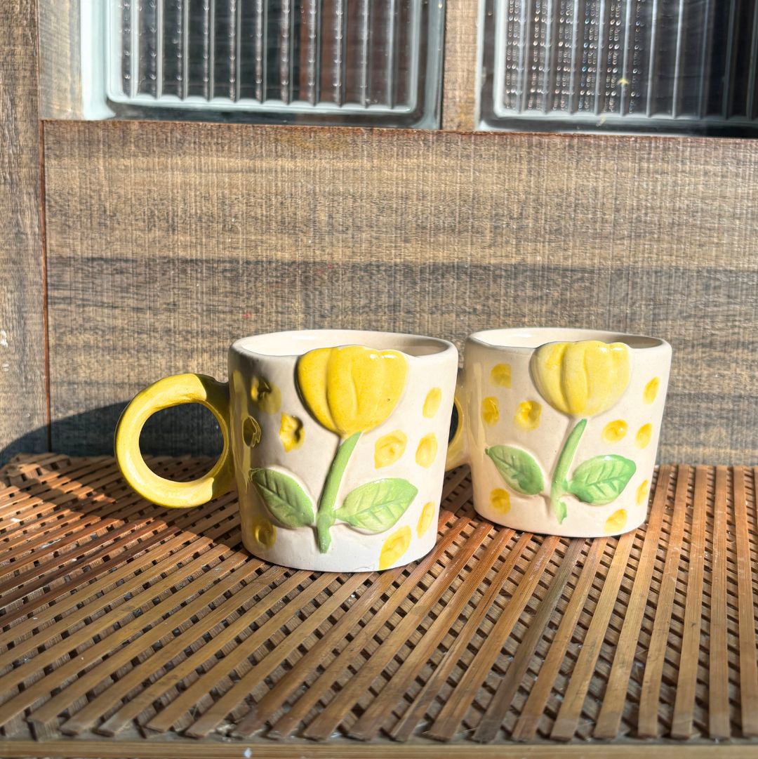 Yellow Flower Mug – Elegant Floral Ceramic Coffee Mug Set of 2