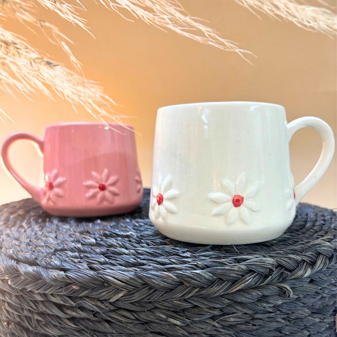 Pink and White Flower Mug Set of 2