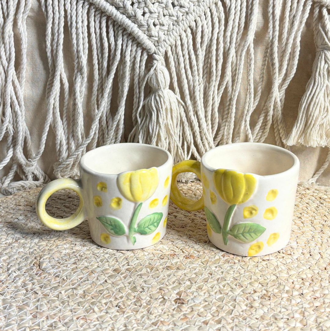 Yellow Flower Mug – Elegant Floral Ceramic Coffee Mug Set of 2