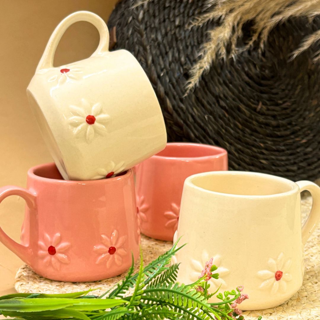 Pink and White Flower Mug Set of 2