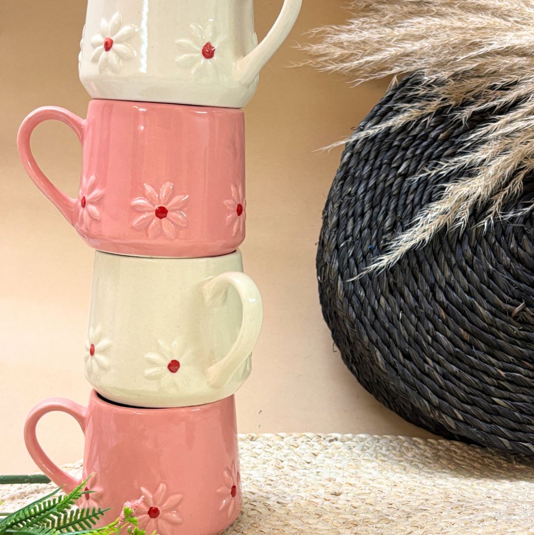 Pink and White Flower Mug Set of 2