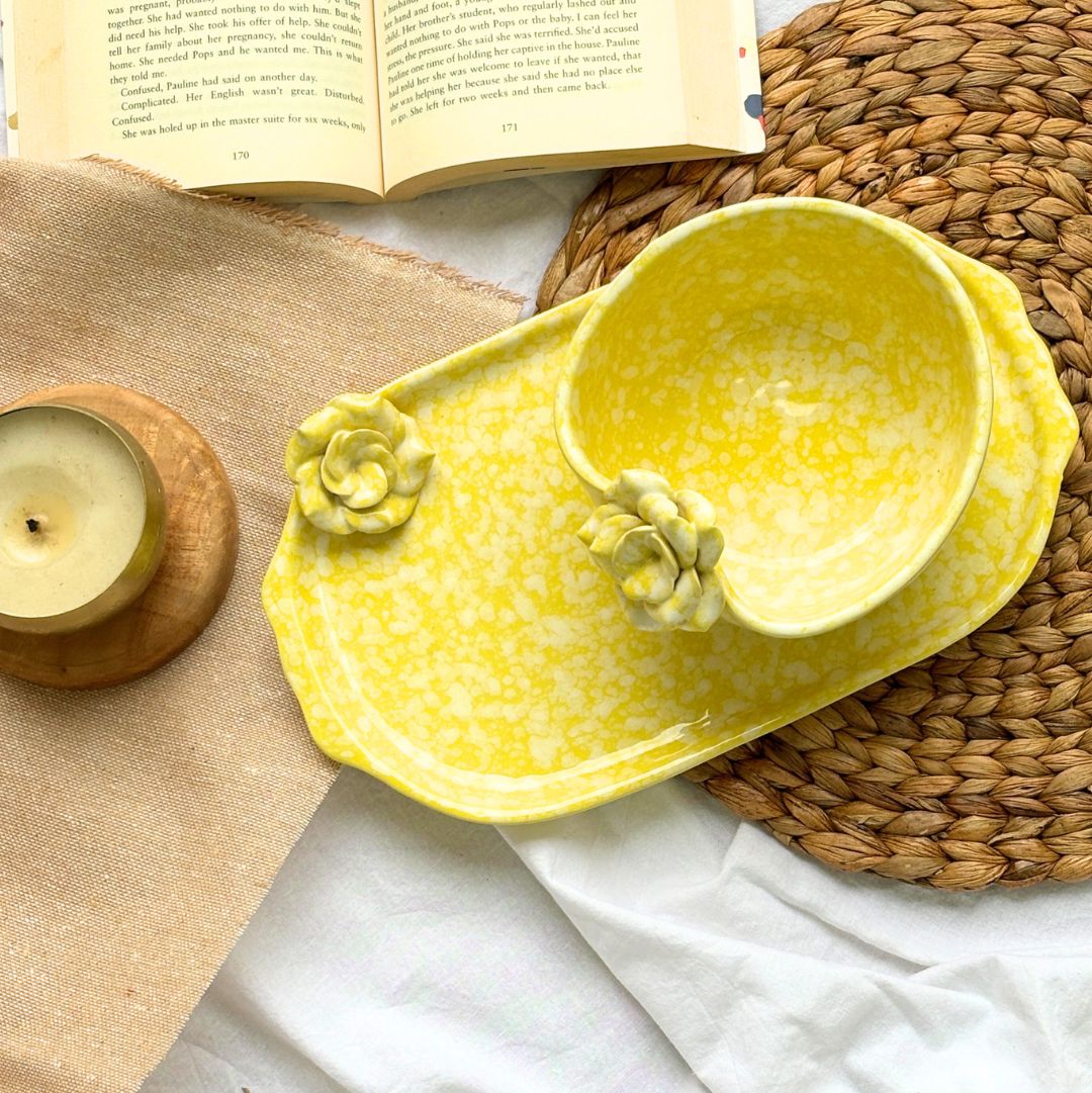 Soothing Hue Yellow Flower Platter with Bowl