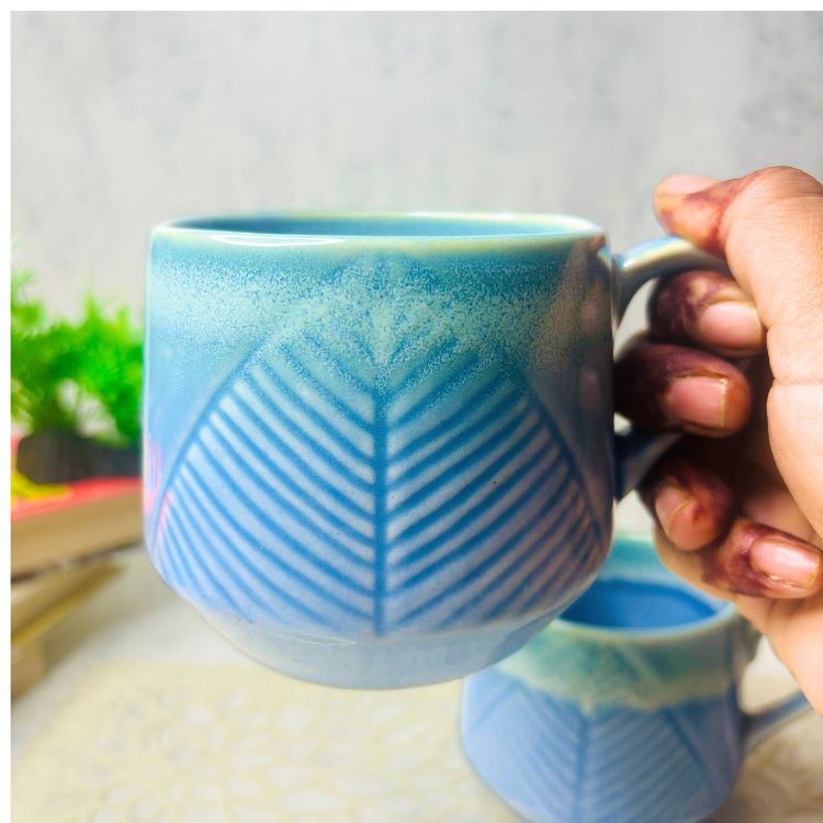 Aqua Leaf Ceramic Coffee Mug Set of 2 – Modern Handcrafted Design