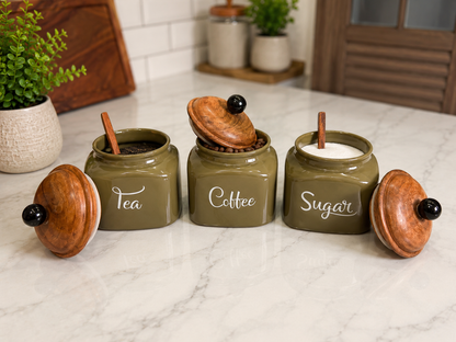 Ceramic Tea, Coffee, and Sugar Airtight Jar Set of 3 | Kitchen Storage