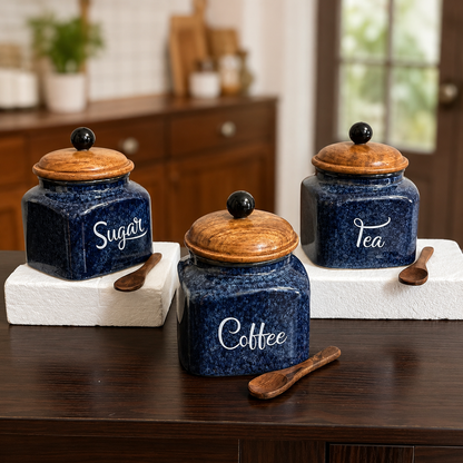 Ceramic Tea, Coffee, and Sugar Airtight Jar Set of 3 | Kitchen Storage