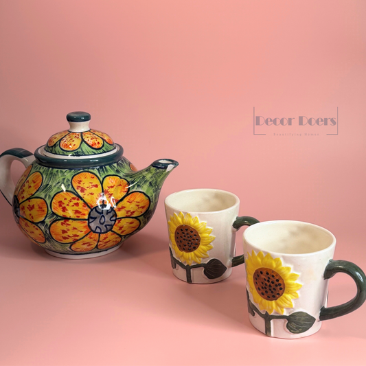 Sunflower Teapot with set of 2 Tea cups