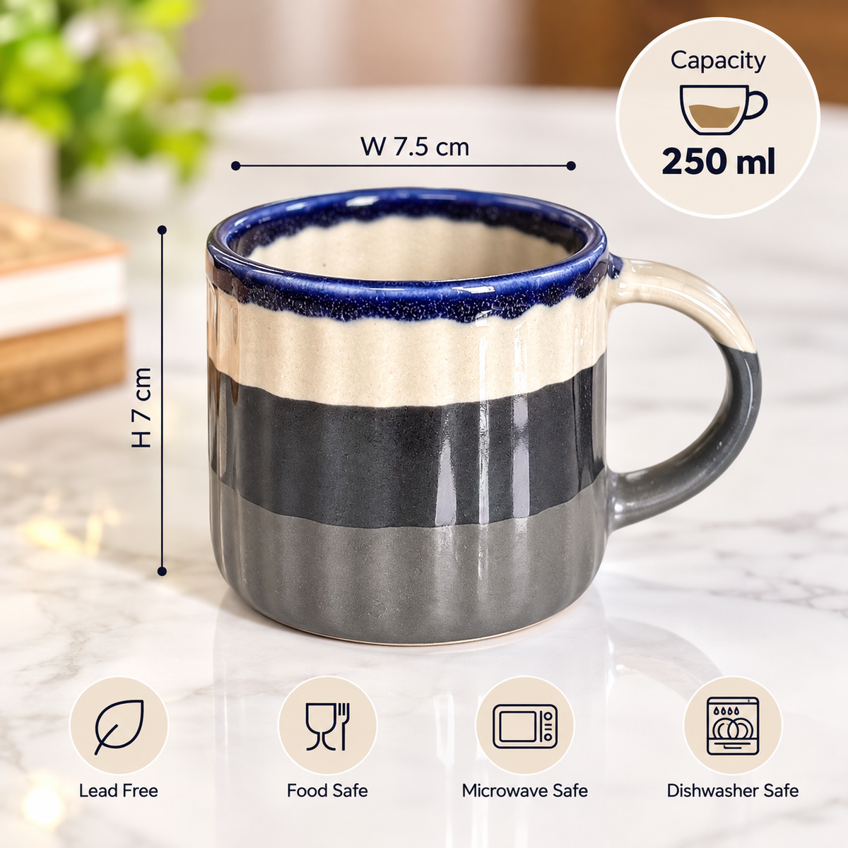 Grey Ribbed Coffee Mugs Set of 2