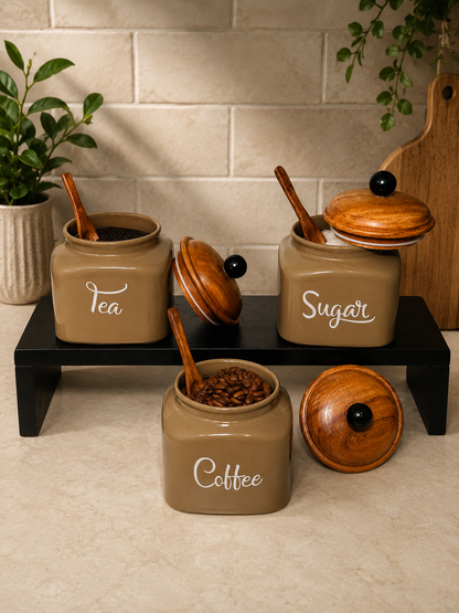 Ceramic Tea, Coffee, and Sugar Airtight Jar Set of 3 | Kitchen Storage