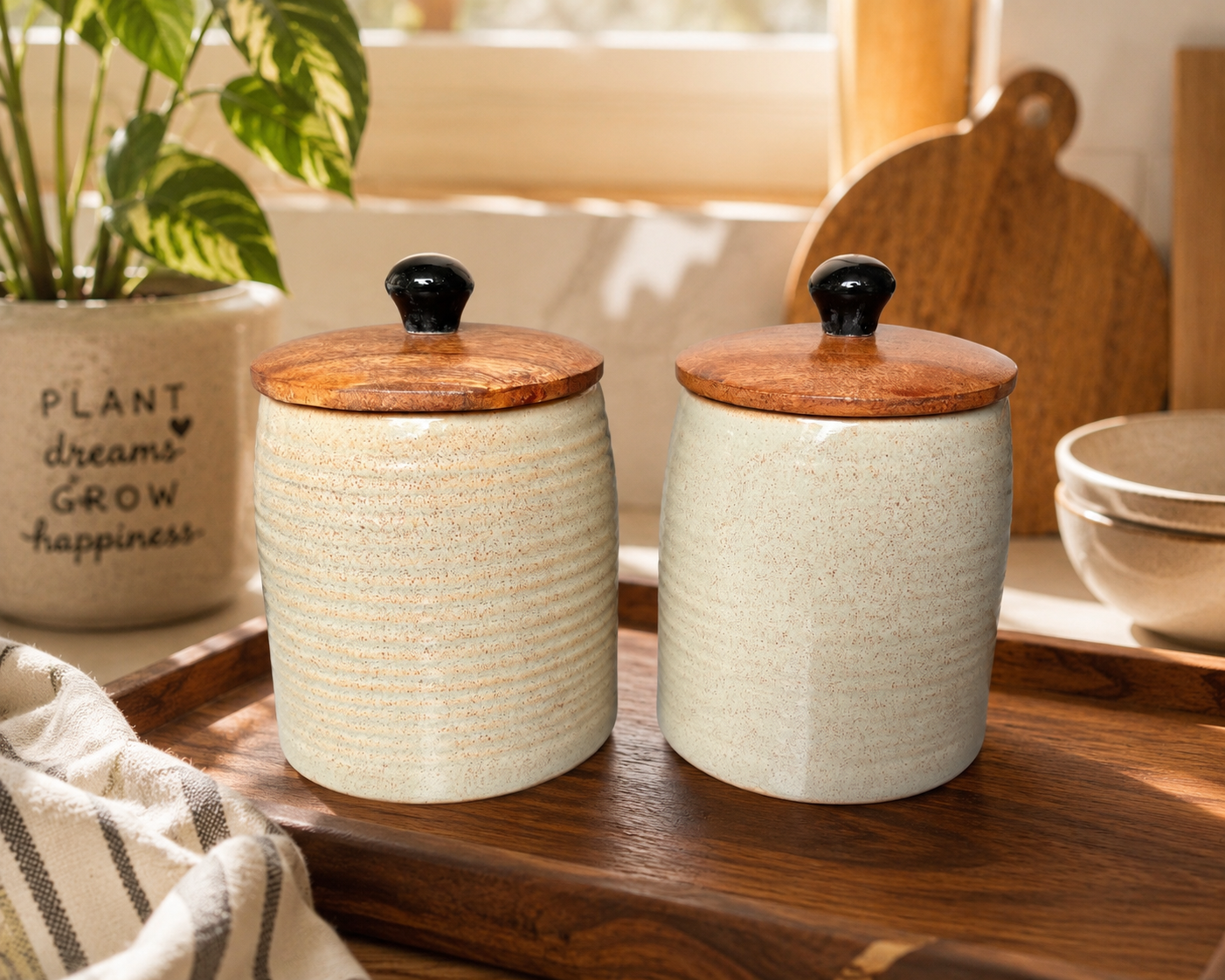 Raw Beige Ceramic Storage Jar Set of 2 | Airtight Wooden Lid Cookie Canisters