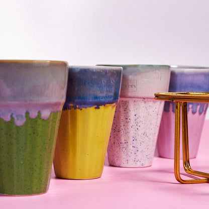 Bombay Cutting Chai Glass & Kulhad Style Ceramic Cup - Set of 4 with Golden Stand