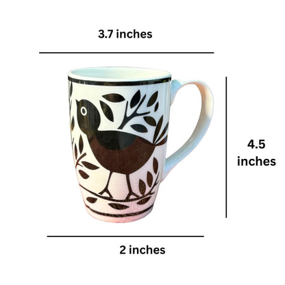 Chidiya Printed Ceramic Coffee Mug Set of 2 | Stylish Handprinted Bird Design