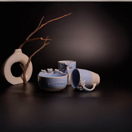 Sapphire Blooming Ceramic Coffee Mug Set with Bowl – Handcrafted Luxury