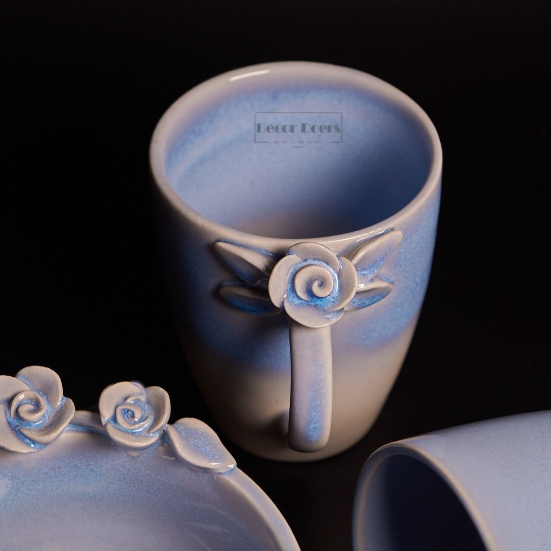 Sapphire Blooming Ceramic Coffee Mug Set with Bowl – Handcrafted Luxury