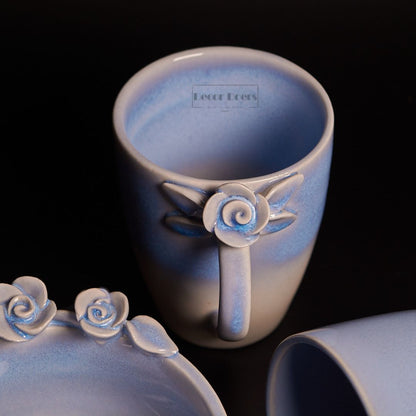 Sapphire Blooming Ceramic Coffee Mug Set with Bowl – Handcrafted Luxury