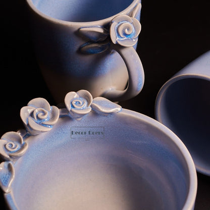 Sapphire Blooming Ceramic Coffee Mug Set with Bowl – Handcrafted Luxury