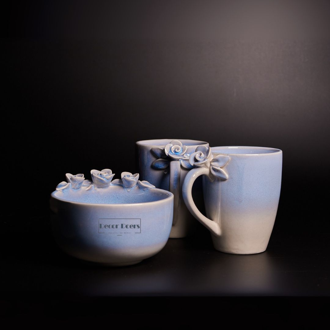Sapphire Blooming Ceramic Coffee Mug Set with Bowl – Handcrafted Luxury