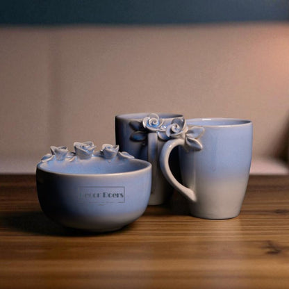 Sapphire Blooming Ceramic Coffee Mug Set with Bowl – Handcrafted Luxury