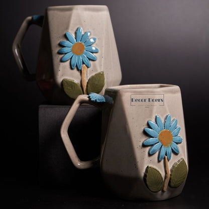 Stylish Grey Flower Mug Set of 2 | Hand-painted Ceramic Mugs