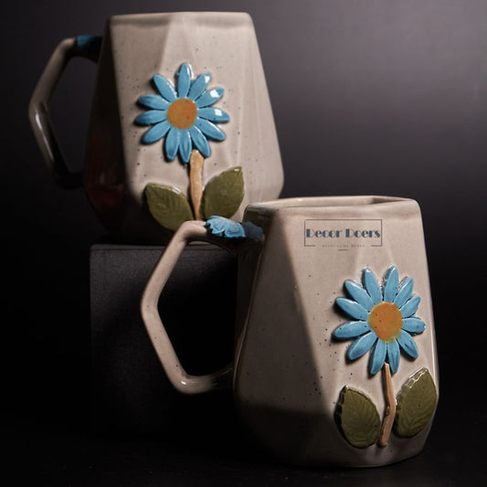 Stylish Grey Flower Mug Set of 2 | Hand-painted Ceramic Mugs