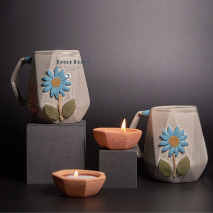 Stylish Grey Flower Mug Set of 2 | Hand-painted Ceramic Mugs