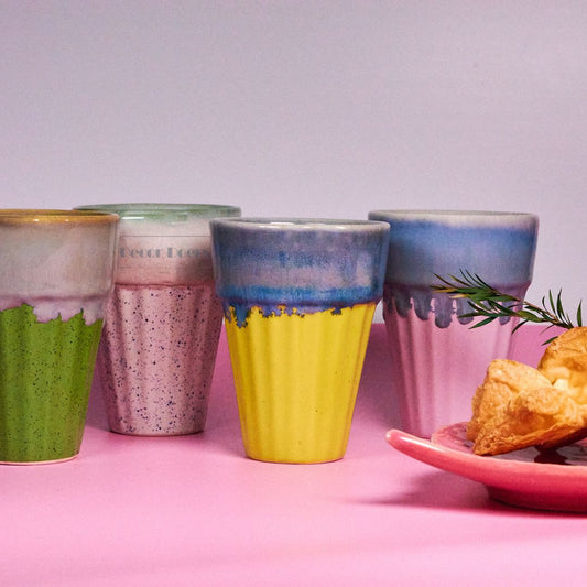 Bombay Cutting Chai Glass & Kulhad Style Ceramic Cup - Set of 4 with Golden Stand