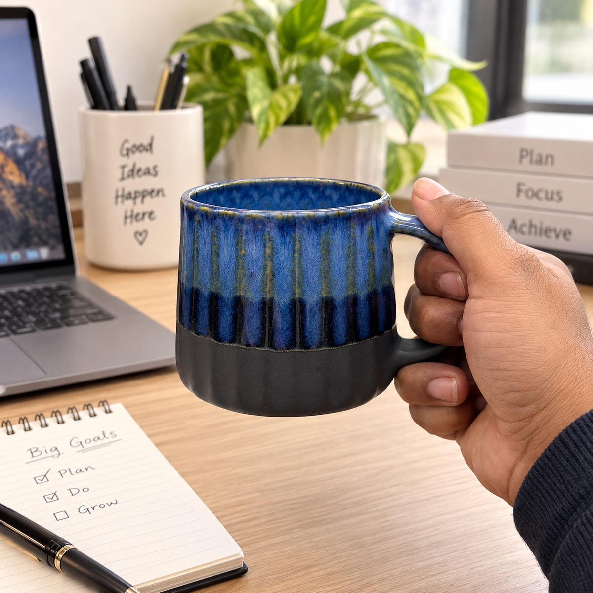 Indigo Ribbed Mugs – Set of 2