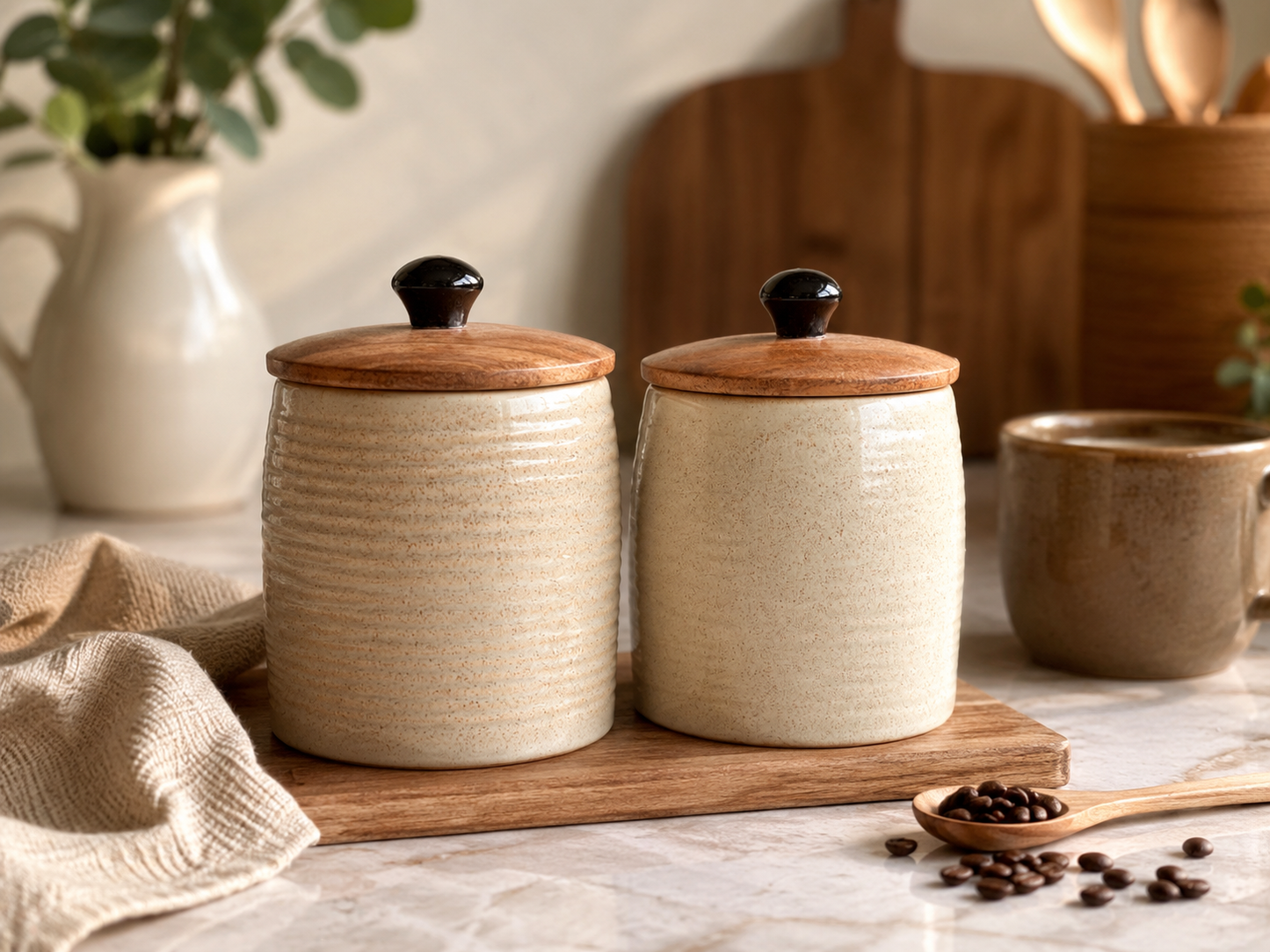 Raw Beige Ceramic Storage Jar Set of 2 | Airtight Wooden Lid Cookie Canisters