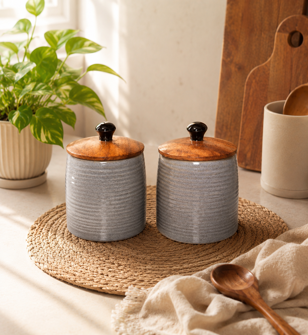 Raw Grey Ceramic Storage Jar Set of 2 | Airtight Wooden Lid Cookie Canisters