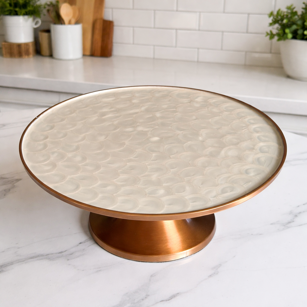 Pearl Cast Iron White Cake Stand with Gold Accents – Luxury Cake Display Stand