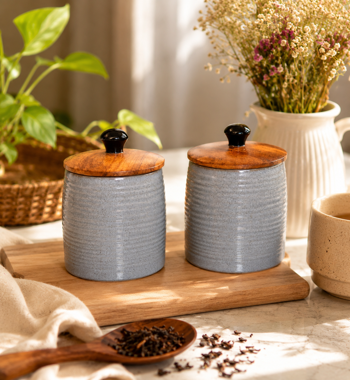 Raw Grey Ceramic Storage Jar Set of 2 | Airtight Wooden Lid Cookie Canisters